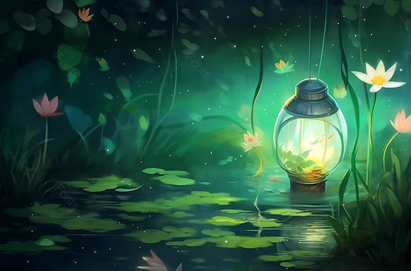 盛夏夜晚萤火虫围绕荷花绽放插画绿色背景,插画/手绘图,插画/手绘图库,插画/手绘图下载,插画/手绘